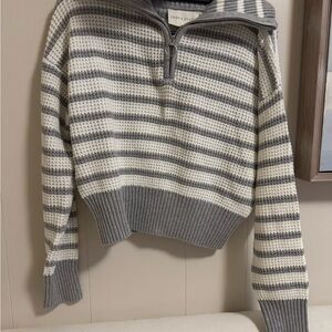 Striped Gray and White Half-Zip Sweater